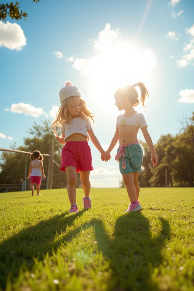 Girls in playful attire,  their giggles and whispers filling the air,  step into a warm glow of sunlight by ST.macha on Te...