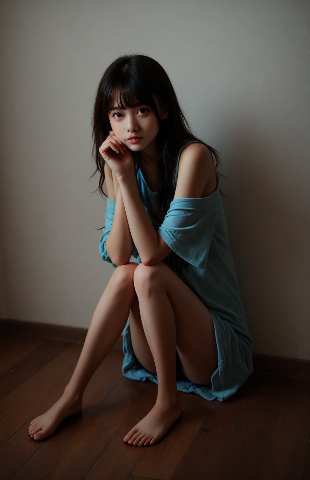 A young girl sits comfortably cross-legged on a worn wooden floor, surrounded by soft, warm lighting. Her gentle gaze captures the viewer's attention as she poses with confidence, her hands resting softly on her knees. The composition is simple yet intimate, framing her serene expression within a cozy, rustic atmosphere.