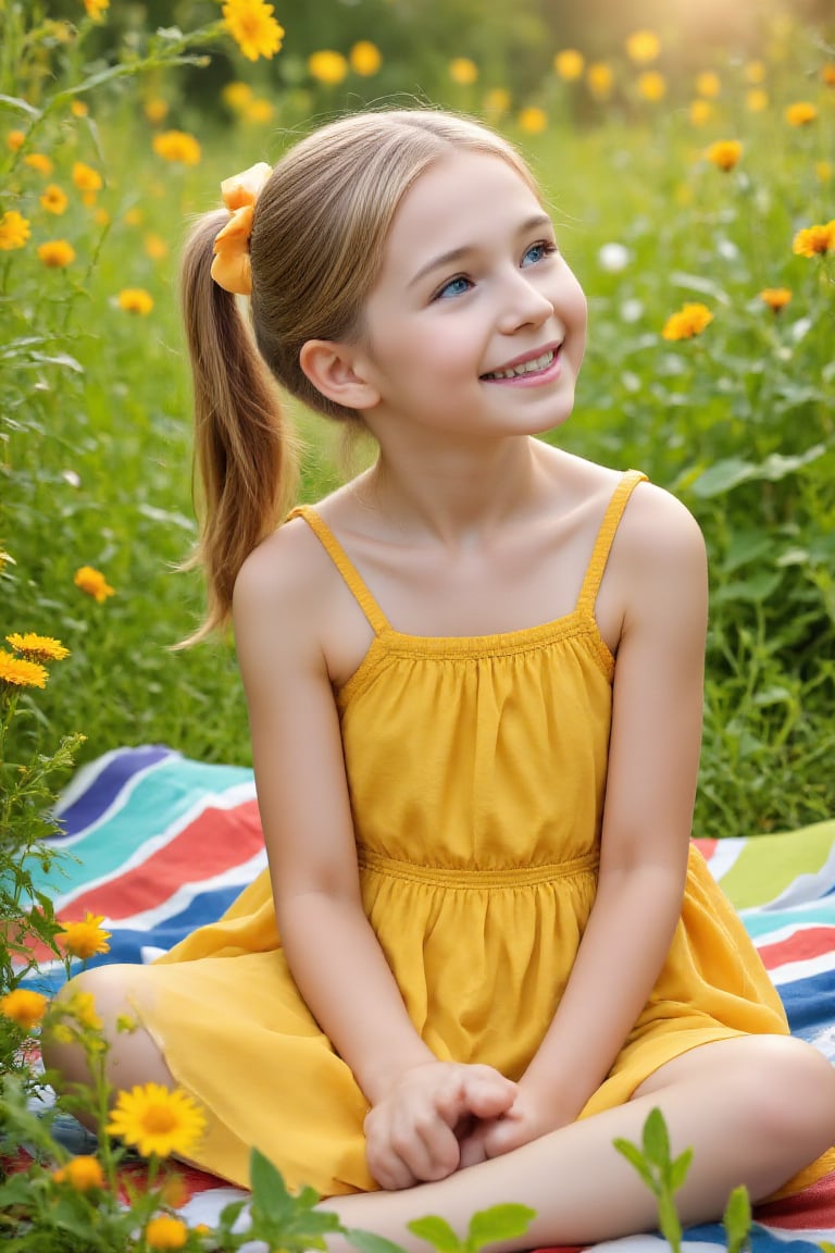 A playful,  golden-haired young girl with bright blue eyes and a sweet smile sits on a colorful blanket in a lush green me...