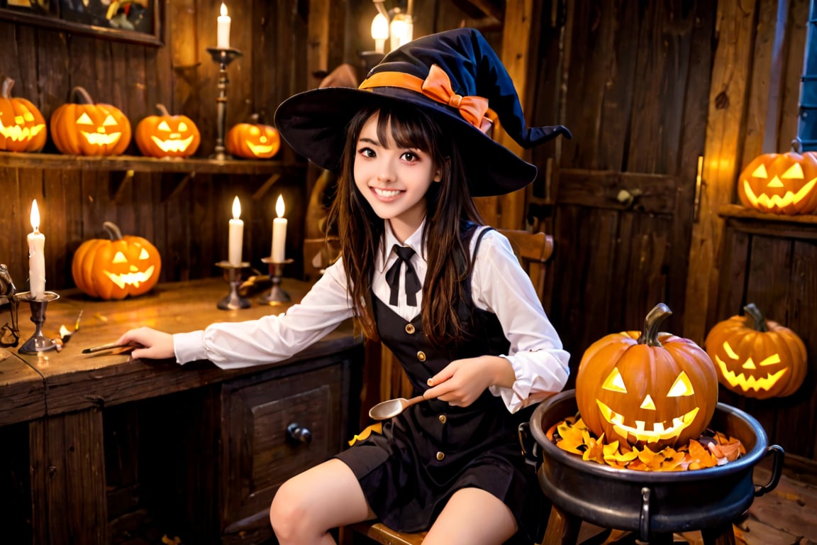 A whimsical Halloween scene: a CUTE WITCH perches on a cauldron-covered wooden stool, surrounded by twinkling candles and autumn leaves. Soft, golden lighting casts a warm glow on her rosy cheeks and pointed hat adorned with a jaunty broom charm. She gazes mischievously at the camera, a sly grin spreading across her pixie face as she holds a tiny, glowing pumpkin in one hand and a wicked-lookin' wooden spoon in the other.