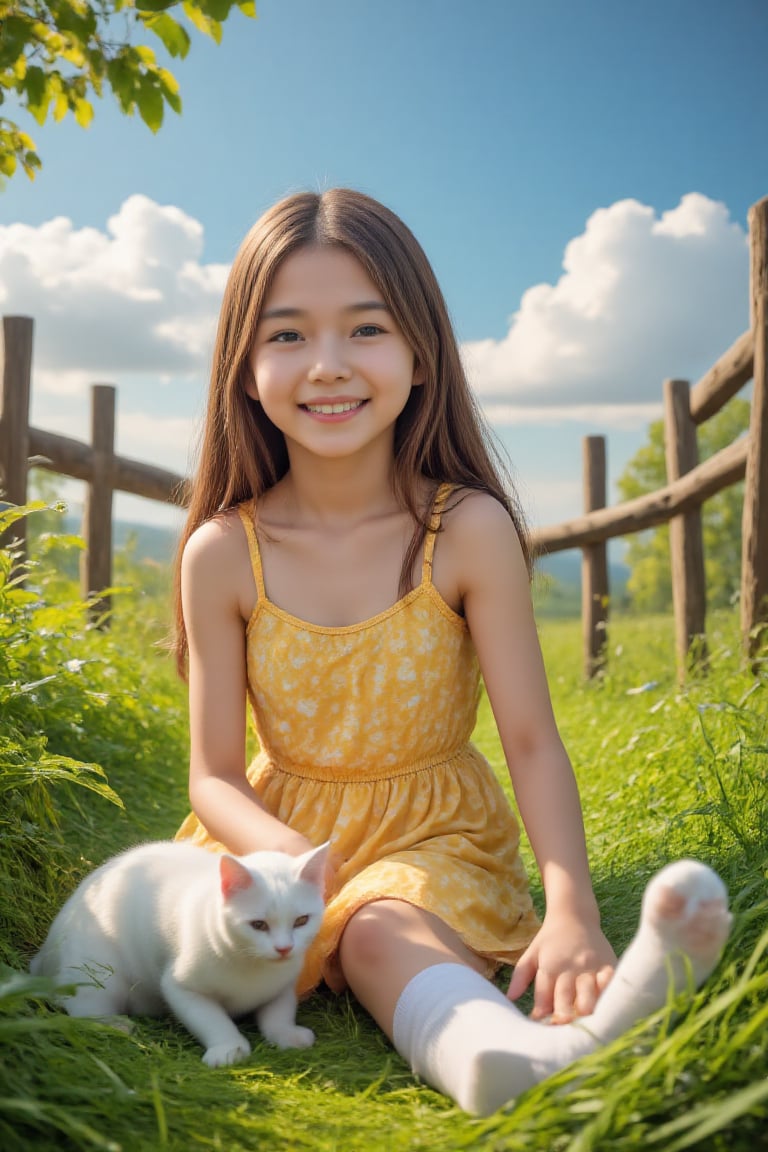 A playful young girl with a bright smile,  dressed in a yellow sundress and white socks,  playing with a fluffy white cat...