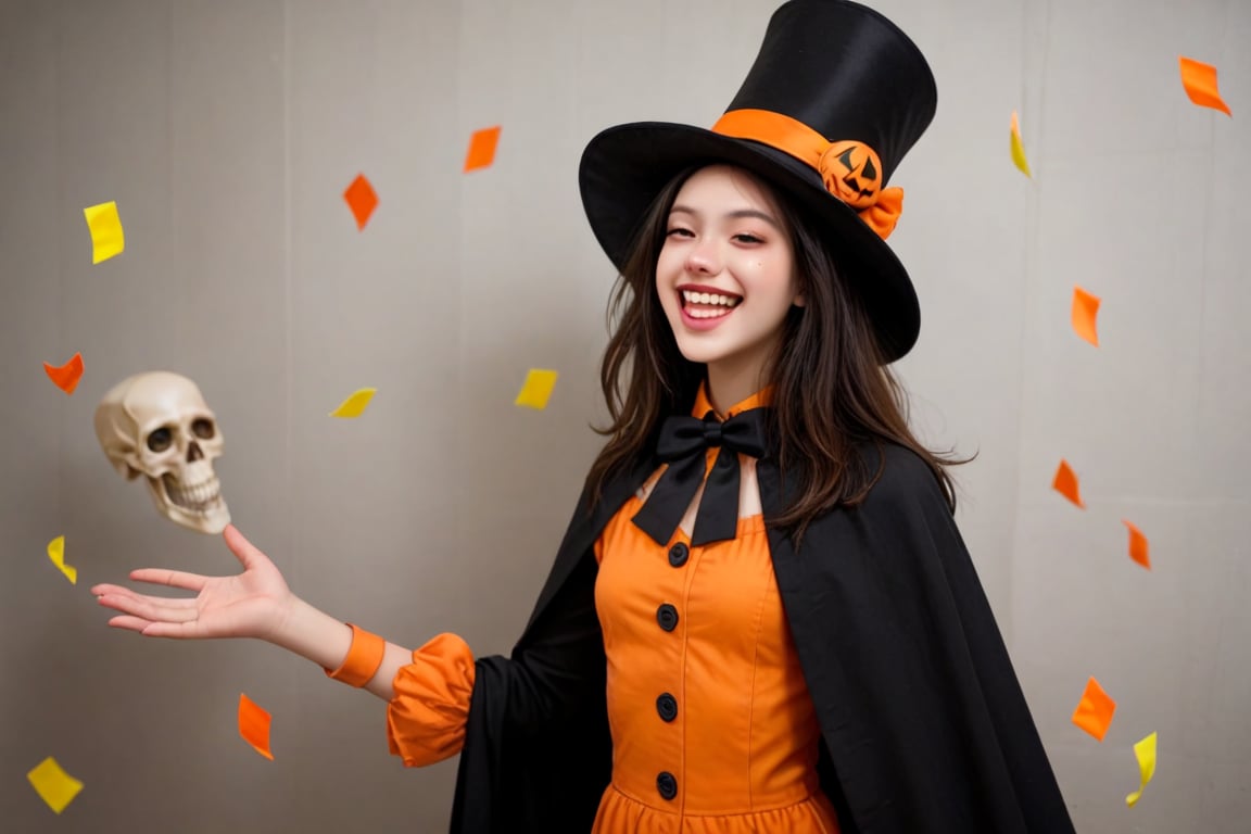 A whimsical Halloween scene: A skeleton in a bright orange jumpsuit and top hat, its bony limbs awkwardly attempting to bust a move amidst a swirl of colorful confetti. The skeleton's grin stretches across its skull as it twirls and spins, playfully grasping the hand of a giggling girl dressed in a black witch's hat and matching cloak, who is laughing and trying to keep up with the undead dance partner.