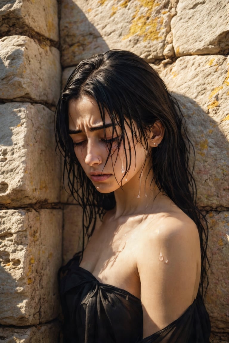 A melancholic young woman, with tears welling up in her eyes, leans against a worn, weathered stone wall. Soft, golden light casts a warm glow on her porcelain skin and raven hair, as she gazes downward with a forlorn expression. The subtle shadows accentuate the curves of her face, while the rustic wall provides a poignant contrast to her vulnerability.