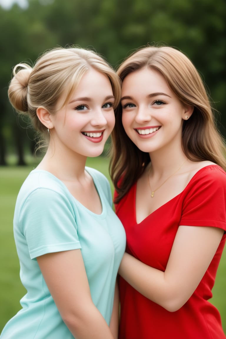 Soft focus captures a candid moment of innocent girls playing together in a sun-drenched meadow. Golden light casts a warm glow on their smiling faces and tousled hair as they laugh and chase each other among wildflowers.