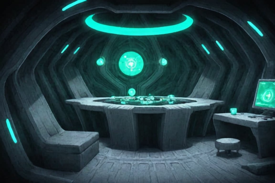 A futuristic alien's lair,  a sleek and modern interior design space. Soft blue-green neon lights illuminate the room,  ca...