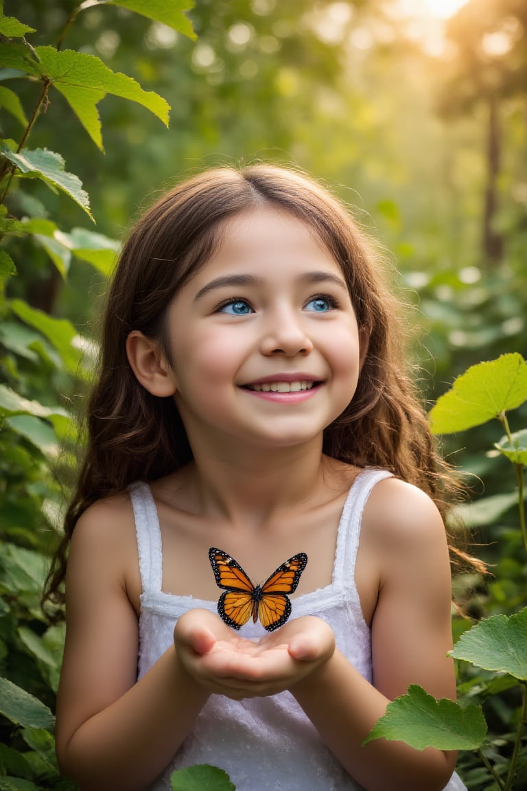 A whimsical portrait of a cute girl,  framed by a lush greenery backdrop,  with soft golden light casting gentle shadows o...