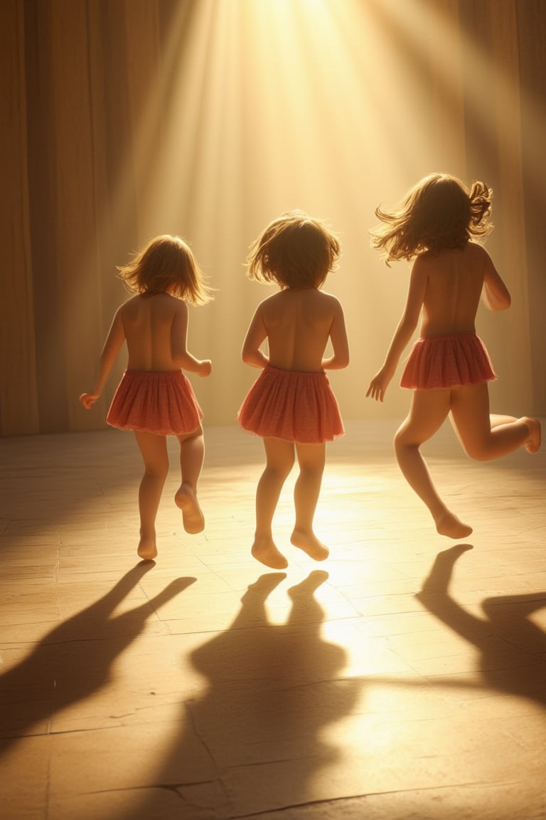 A whimsical scene unfolds: Girls playfully leap across a sun-dappled floor,  their laughter and giggles echoing through th...