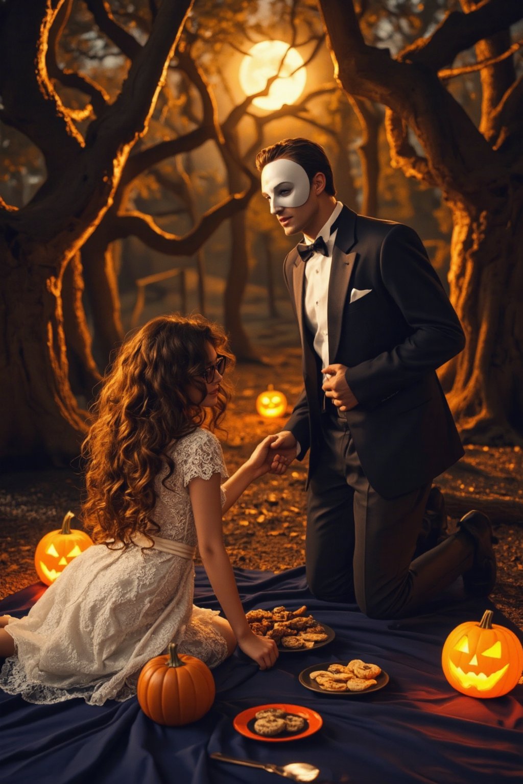 A whimsical Halloween-themed picnic scene: A bespectacled girl in a flowing white dress and curly brown hair sits across from a suave Phantom, his iconic domino mask gleaming under the soft glow of a full moon. The atmosphere is eerie yet intimate, with crimson and orange hues casting an autumnal ambiance. The couple's fingers intertwine as they share a plate of pumpkin-themed treats, surrounded by a lush forest of twisted trees and glowing jack-o'-lanterns.