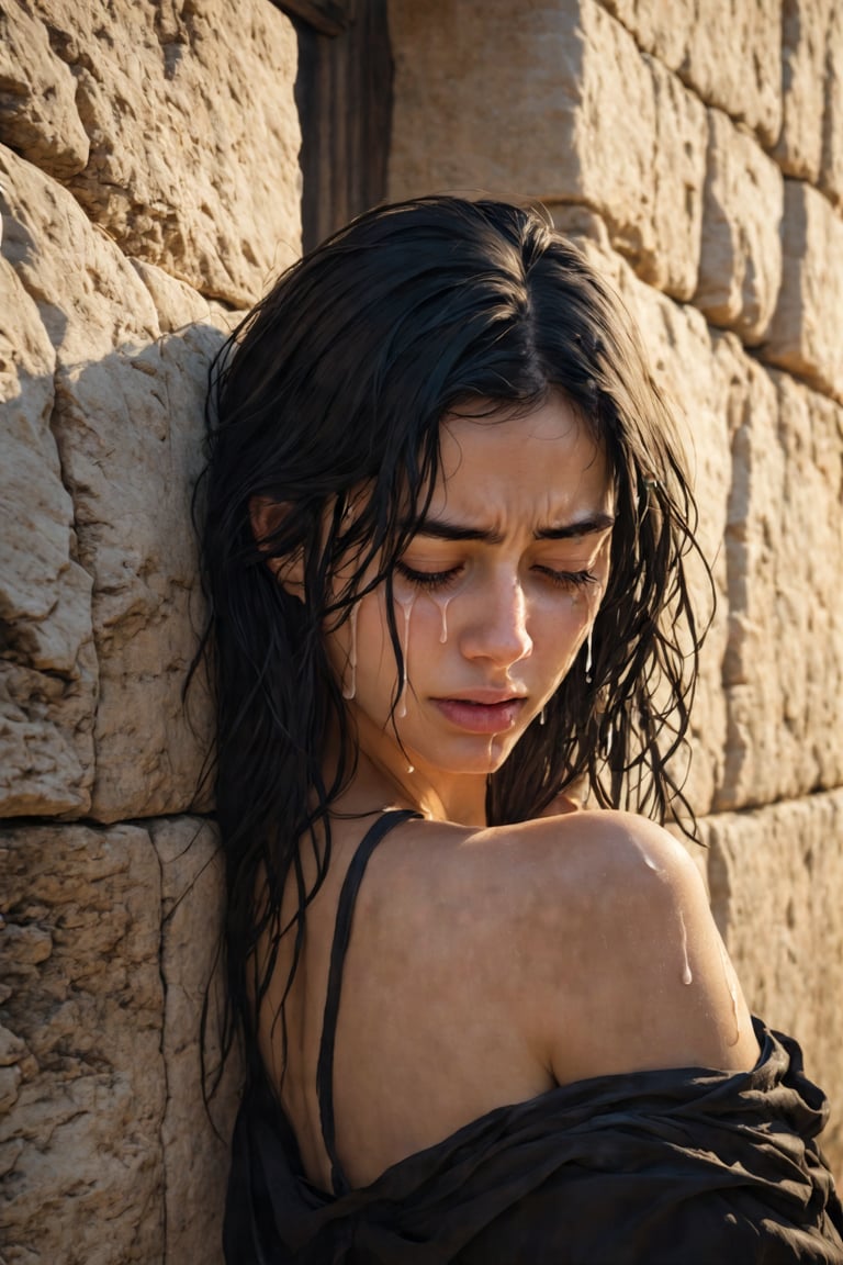 A melancholic young woman, with tears welling up in her eyes, leans against a worn, weathered stone wall. Soft, golden light casts a warm glow on her porcelain skin and raven hair, as she gazes downward with a forlorn expression. The subtle shadows accentuate the curves of her face, while the rustic wall provides a poignant contrast to her vulnerability.