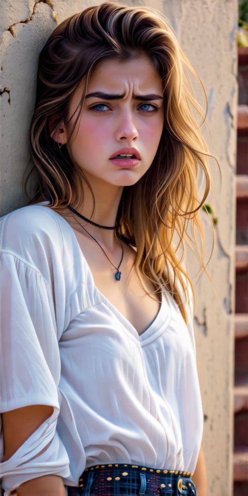 Beautiful girl leaning against a wall, sad expression