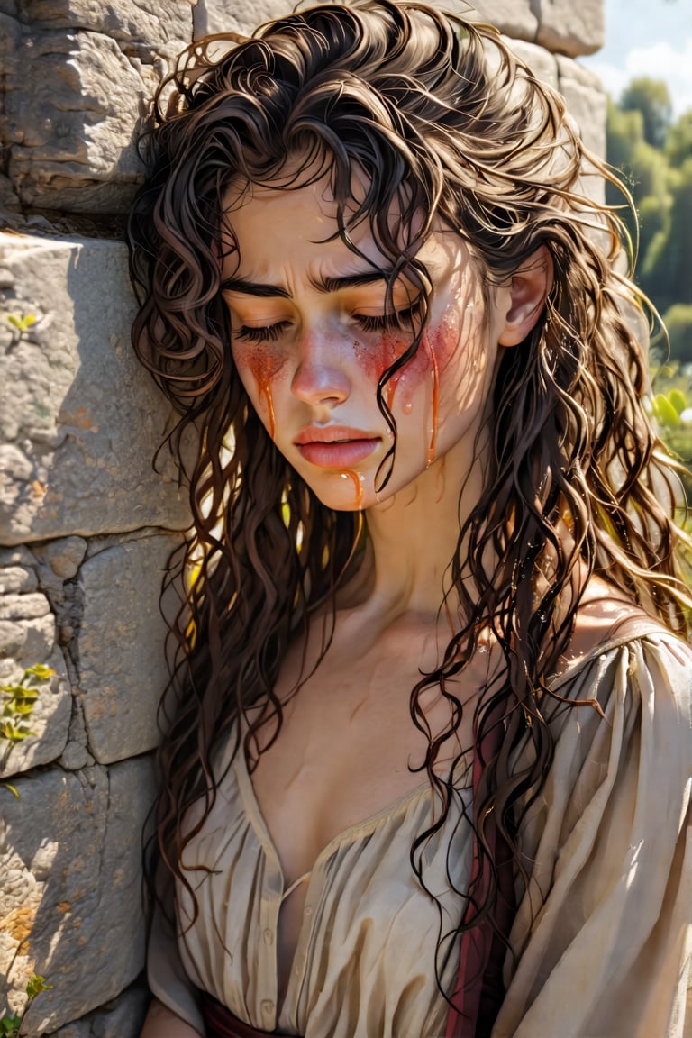 A melancholic young woman with a heart-shaped face and long, curly brown hair leans wearily against a worn stone wall, her eyes cast downward in a sorrowful gaze. The soft afternoon sunlight casts a warm glow on the scene, illuminating the delicate features of her tear-stained face.