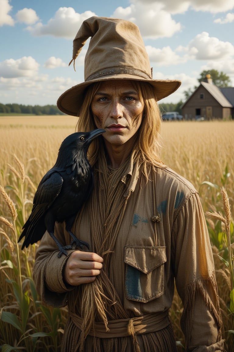 A close-up shot of a weathered scarecrow standing tall in a rustic cornfield, its straw-stuffed body and tattered clothes perfectly capturing the essence of rural decay. A sleek black crow, its feathers glistening in the warm sunlight, lands delicately on the scarecrow's shoulder, pecking gently at the coarse fabric with its sharp beak. The surrounding landscape is a tapestry of golden wheat and verdant green, with the distant farmhouse and barns forming a picturesque backdrop. The scarecrow's worn face wears a stoic expression, as if resigned to its fate, while the crow's piercing gaze seems to convey a sinister intent.