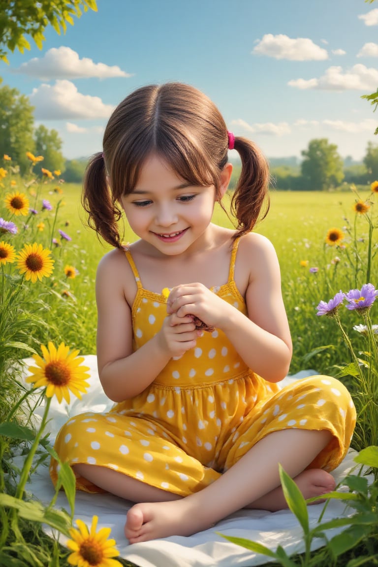 A sweet and playful young girl sitting on a blanket in a lush green meadow,  surrounded by vibrant wildflowers swaying gen...