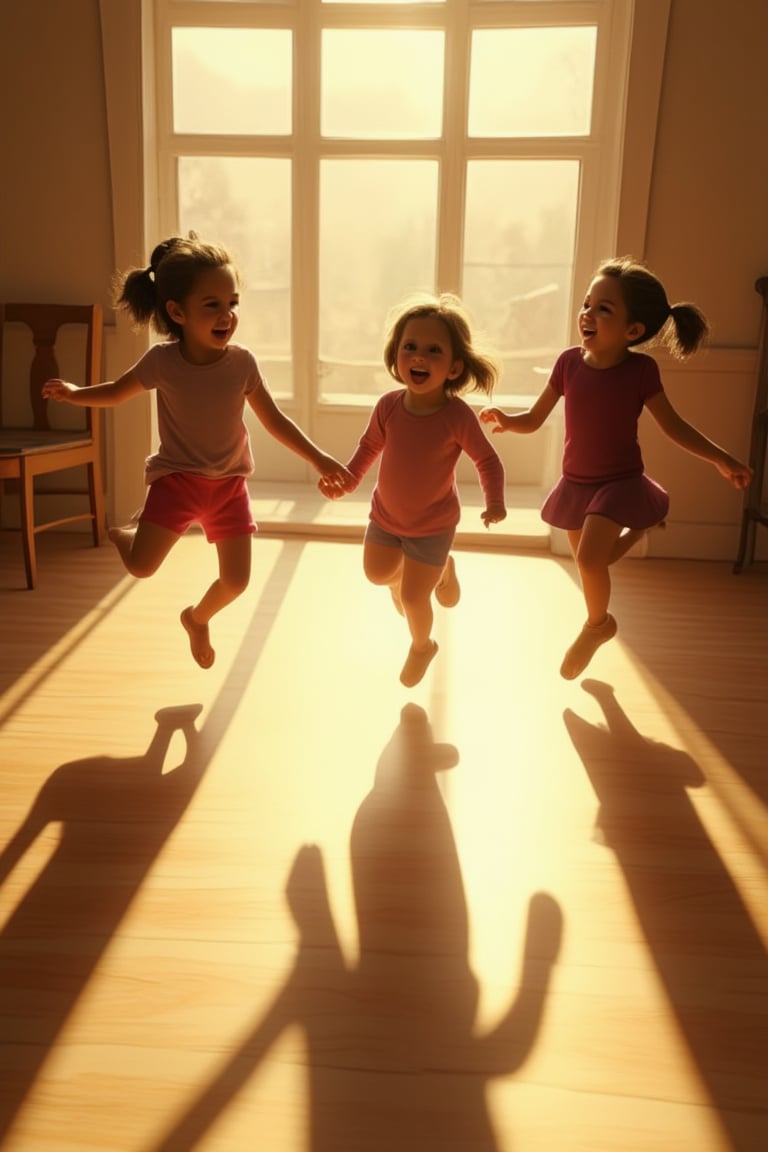 A whimsical scene unfolds: Girls playfully leap across a sun-dappled floor,  their laughter and giggles echoing through th...