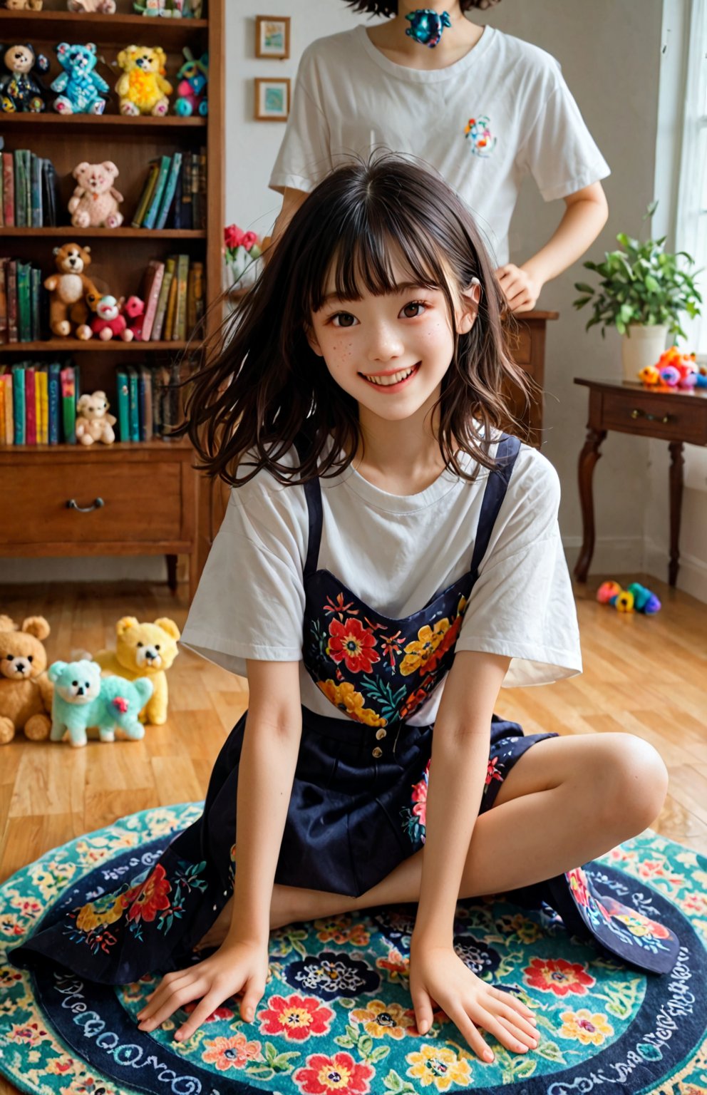 A young girl sits comfortably cross-legged on a vibrant, floral-patterned rug, her dark hair falling in loose waves down her back. The warm golden light of the setting sun casts a gentle glow on her smiling face, as she gazes softly into the distance. A scattering of colorful toys and books surround her, creating a playful atmosphere.