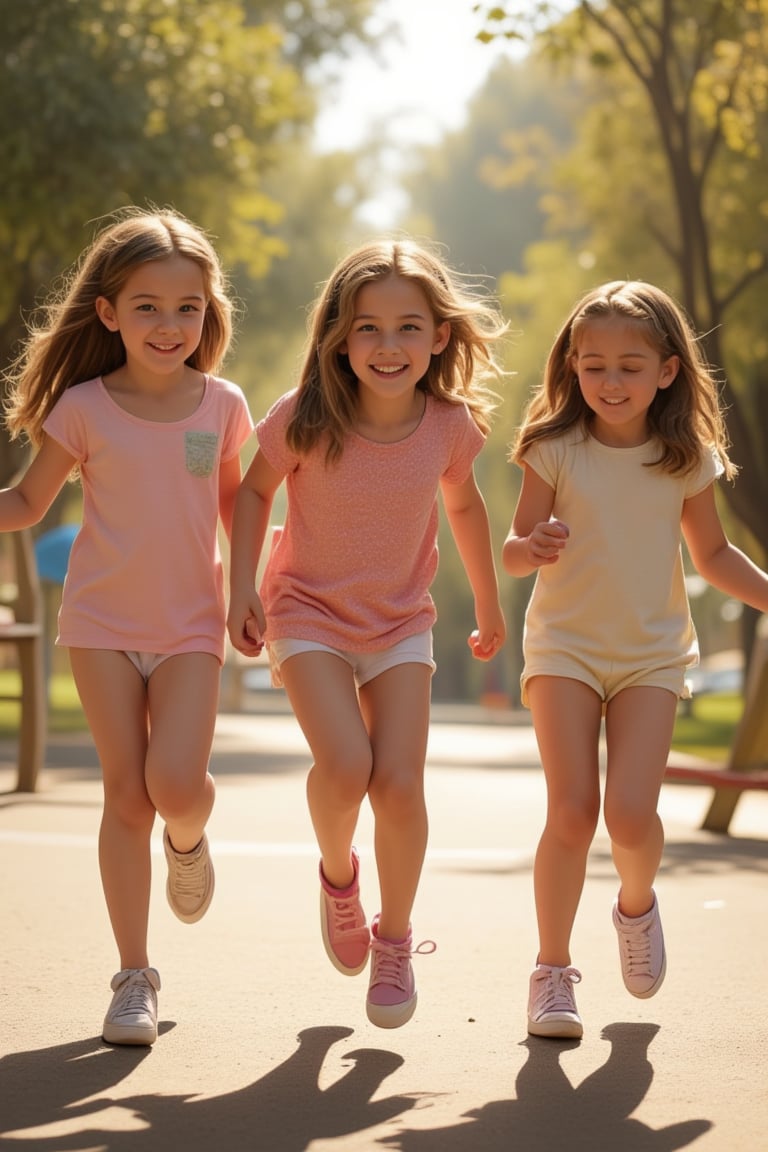 Girls' laughter echoes amidst a sun-drenched playground as they frolic with joy,  their shadows dancing across the ground...