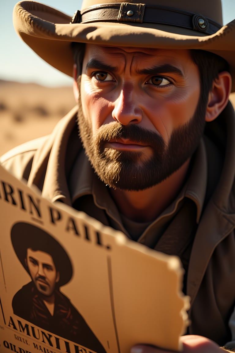 A close-up shot of a rugged bounty hunter's face, eyes fixed intently on a worn and tattered wanted poster. Harsh overhead lighting casts deep shadows, accentuating the hunter's determined expression. The camera frames his weathered features against a blurred background of dusty, sun-scorched terrain, conveying the vast expanse of the American frontier. His piercing gaze is narrowed in focus, studying every detail on the poster.