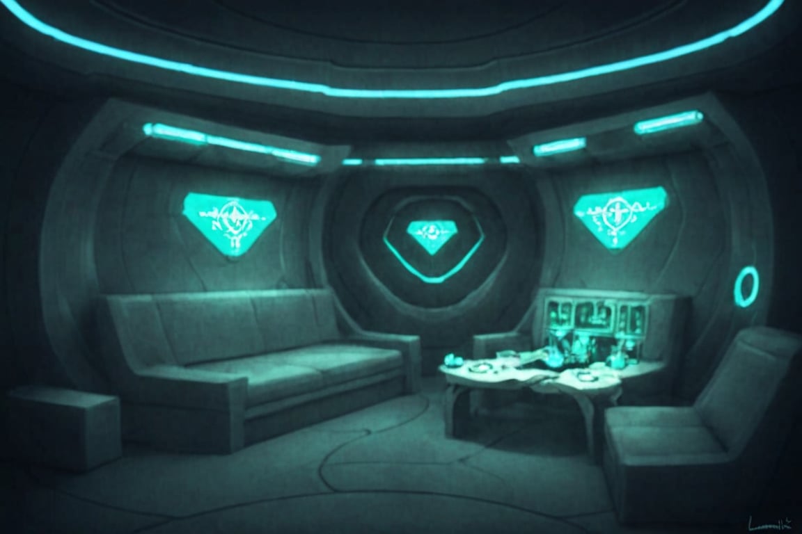A futuristic alien's lair,  a sleek and modern interior design space. Soft blue-green neon lights illuminate the room,  ca...