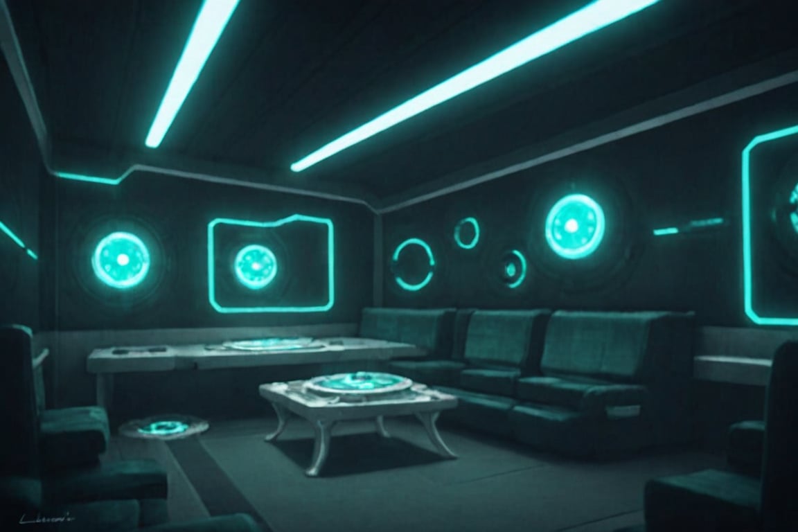 A futuristic alien's lair,  a sleek and modern interior design space. Soft blue-green neon lights illuminate the room,  ca...