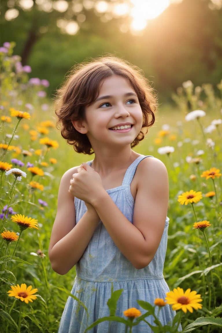 A sweet and playful young girl with a bright smile,  posing in a lush green meadow,  surrounded by vibrant wildflowers by...