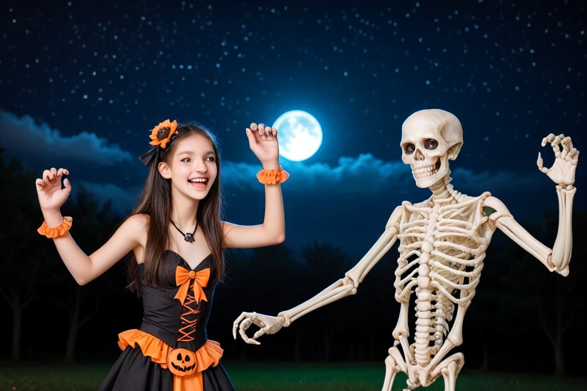 A playful Halloween scene: A skeletal figure, its bony limbs splayed in a comical dance pose, appears to be having the time of its afterlife. The girl, dressed in a whimsical costume, giggles and twirls alongside the skeleton, their joyful energy infectious. Framed against a dark blue night sky with twinkling stars, the duo's merriment is illuminated by a full moon casting a silver glow.