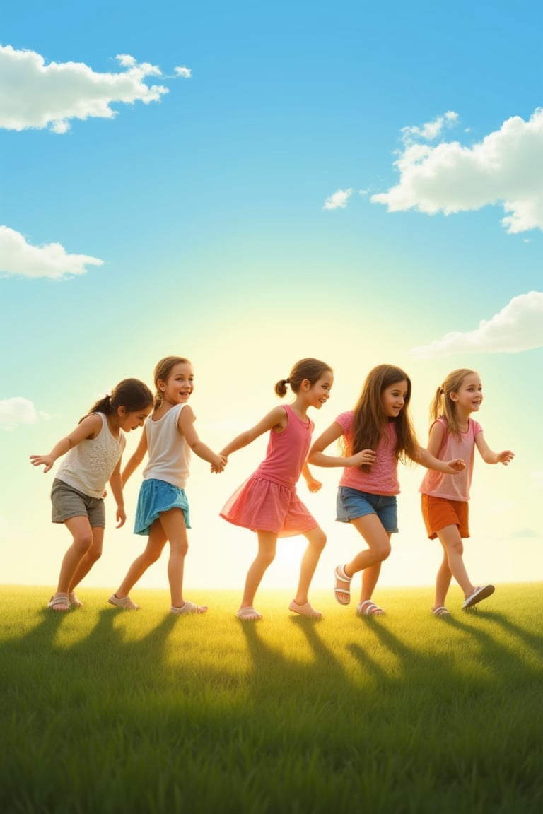 Girls in playful attire,  their giggles and whispers filling the air,  step into a warm glow of sunlight by ST.macha on Te...