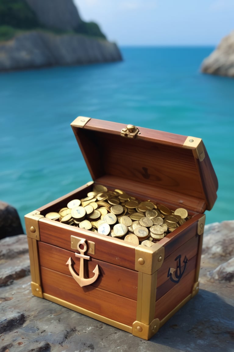 A treasure chest overflowing with glittering jewels and coins, set against a dark blue ocean backdrop, with a faint moonlight shining down, highlighting the bounty of riches within. A golden anchor lies nearby, as if guarding the loot.