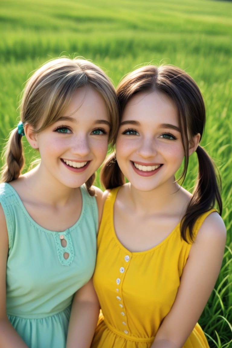 Soft focus captures three innocent girls laughing and playing together in a sun-drenched meadow. The warm glow of the setting sun casts a gentle light on their joyful faces. One girl tosses another's pigtails, while the third looks on with a sweet smile. Green grass and wildflowers surround them, adding to the whimsical atmosphere.