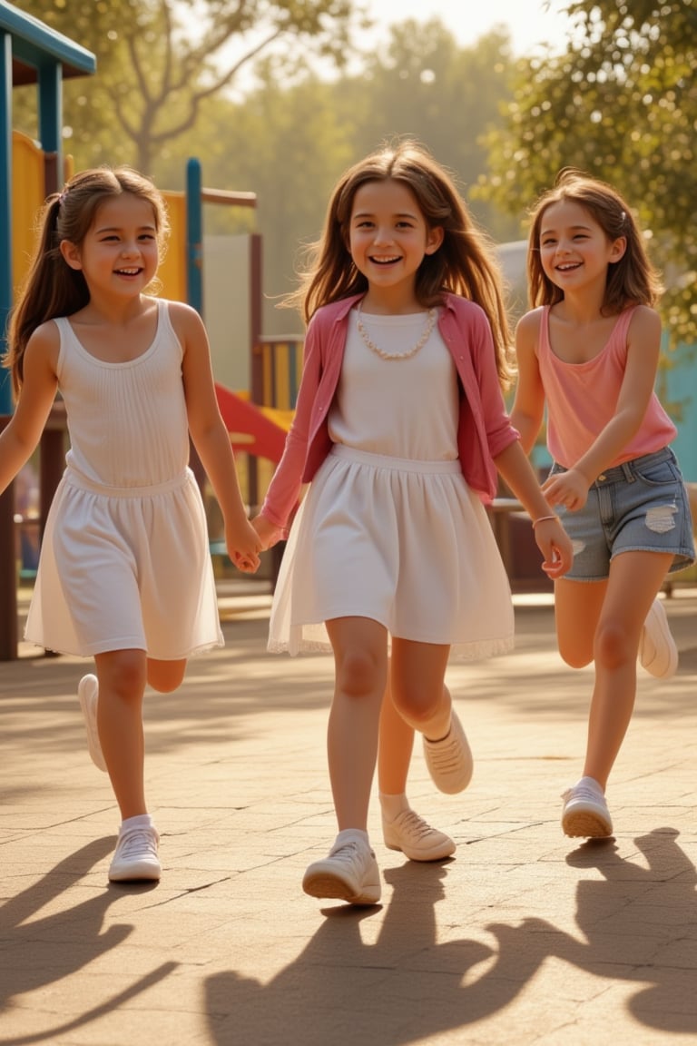 Girls' laughter echoes amidst a sun-drenched playground as they frolic with joy,  their shadows dancing across the ground...
