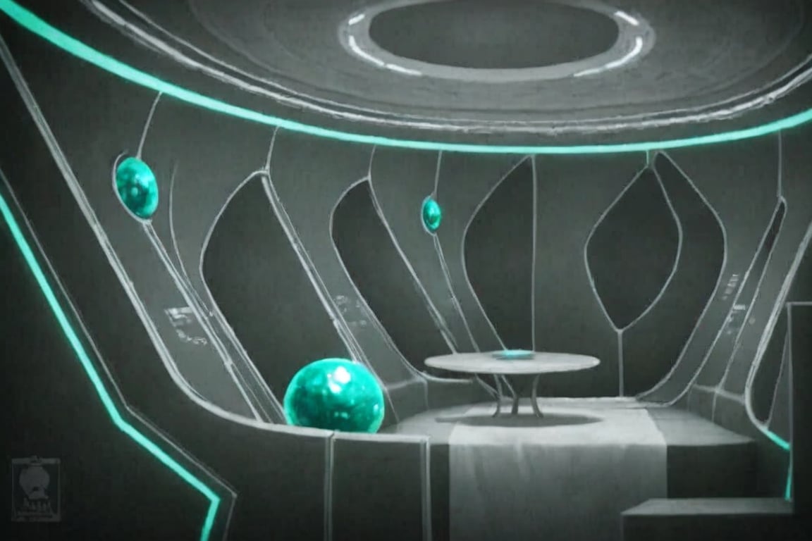 A futuristic alien lair with a sleek,  metallic interior design. A glowing blue orb suspended from the ceiling casts an ot...