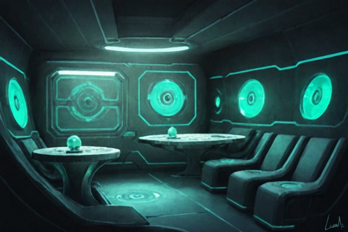 A futuristic alien's lair,  a sleek and modern interior design space. Soft blue-green neon lights illuminate the room,  ca...