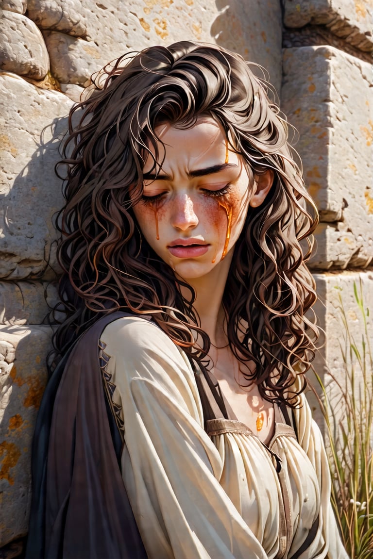 A melancholic young woman with a heart-shaped face and long, curly brown hair leans wearily against a worn stone wall, her eyes cast downward in a sorrowful gaze. The soft afternoon sunlight casts a warm glow on the scene, illuminating the delicate features of her tear-stained face.