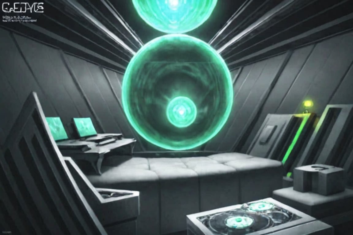 A futuristic alien lair with a sleek,  metallic interior design. A glowing blue orb suspended from the ceiling casts an ot...