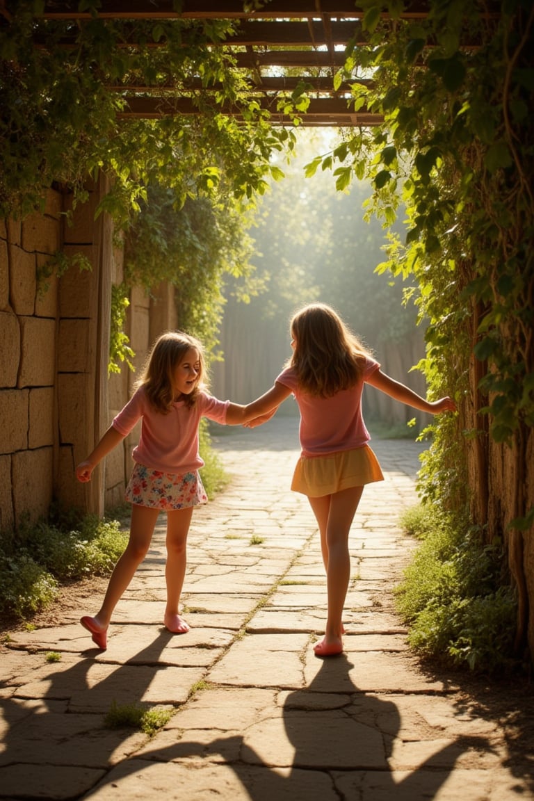 A warm afternoon sunlight filters through a leafy trellis,  casting intricate shadows on the stone floor. Two girls,  thei...