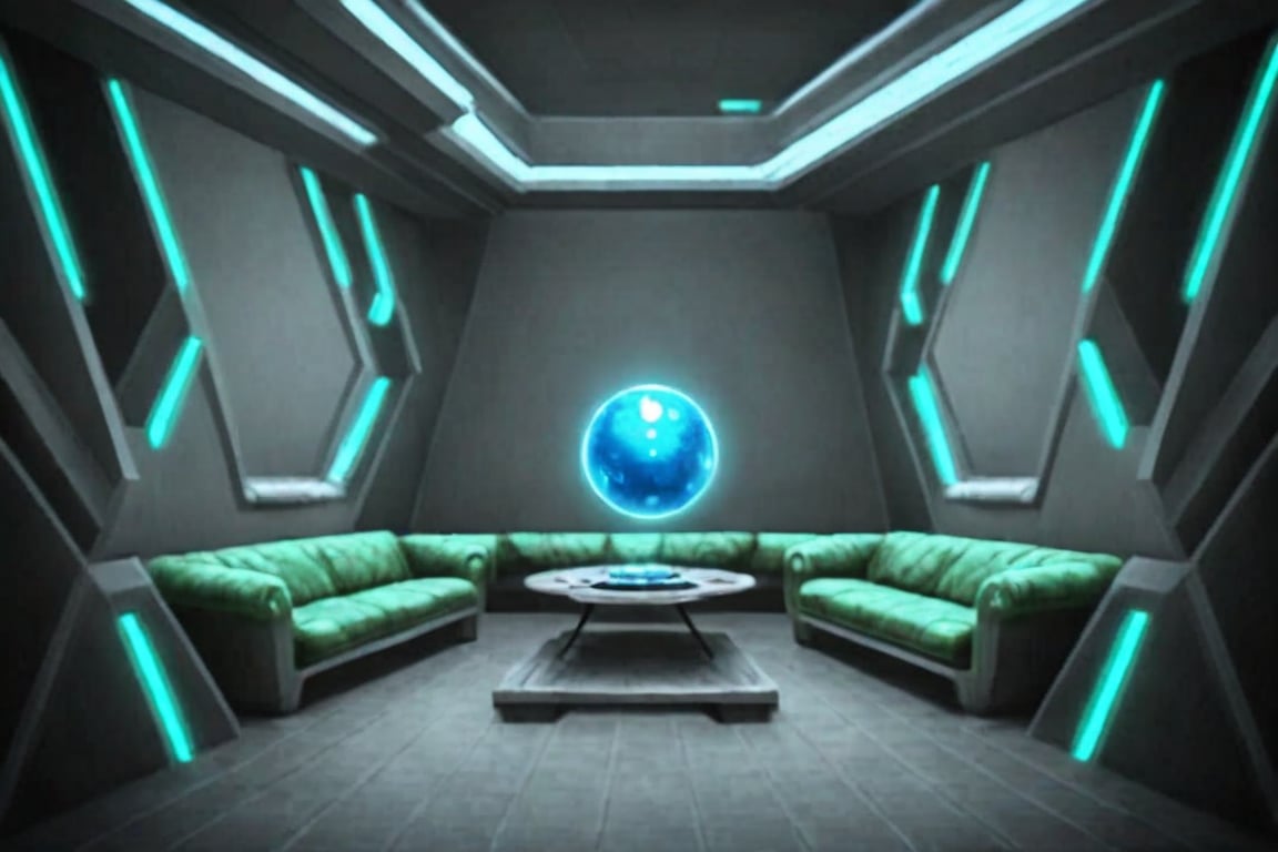 A futuristic alien lair with a sleek,  metallic interior design. A glowing blue orb suspended from the ceiling casts an ot...