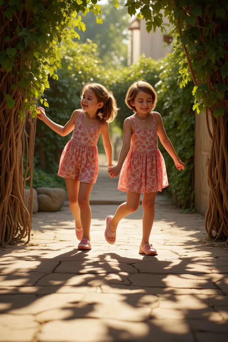 A warm afternoon sunlight filters through a leafy trellis,  casting intricate shadows on the stone floor. Two girls,  thei...