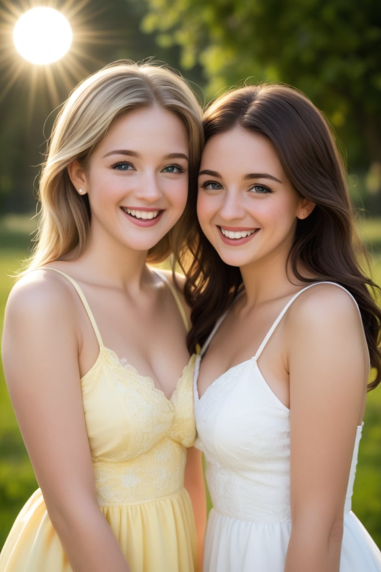 Soft focus captures a candid moment of innocent girls playing together in a sun-drenched meadow. Golden light casts a warm glow on their smiling faces and tousled hair as they laugh and chase each other among wildflowers.