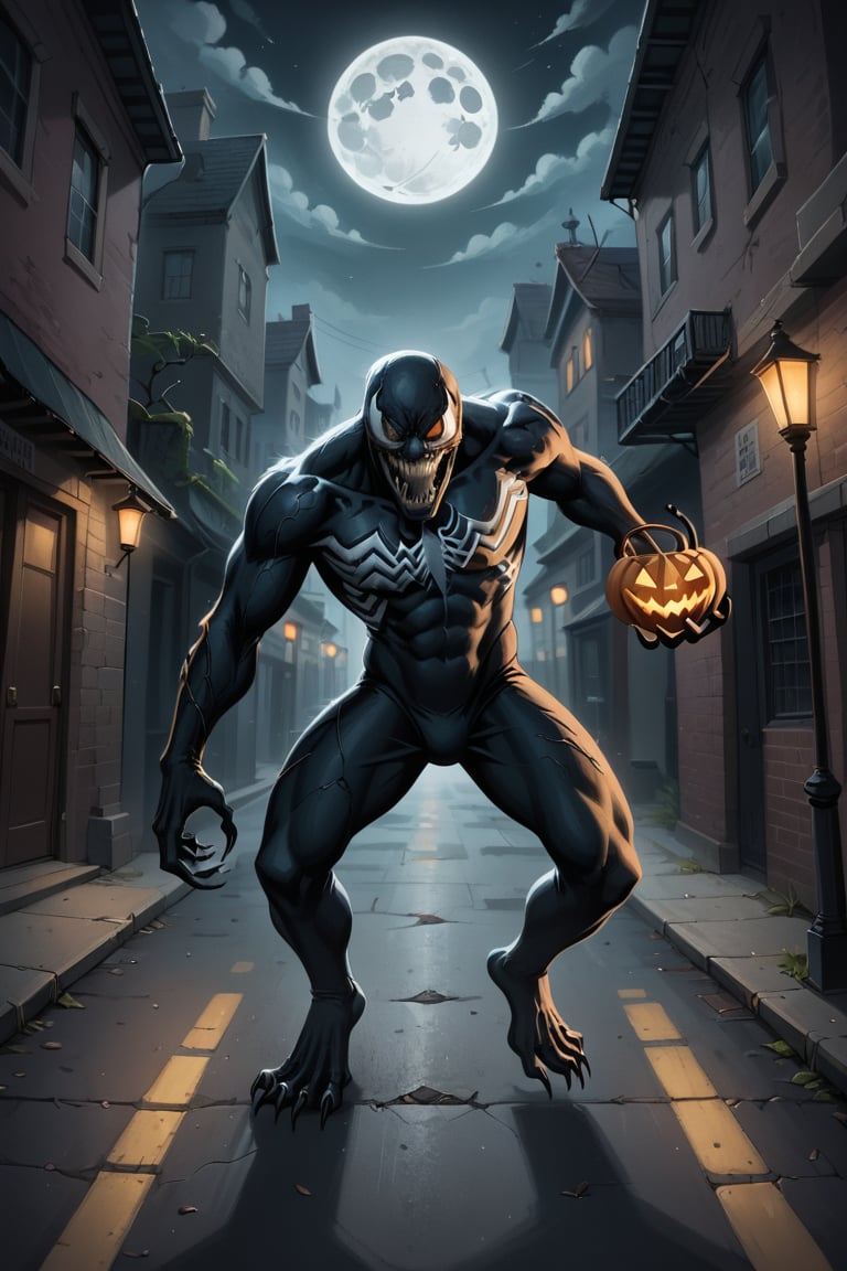 A dark, eerie alleyway at midnight on Halloween night. Tom Hardy's Venom emerges from the shadows, his eyes glowing bright red as he lets out a menacing hiss. A jack-o-lantern's candlelit smile seems to mock him, while cobweb-covered streetlights cast an ominous glow. The air is heavy with mist and decay, setting the tone for a terrifying night.