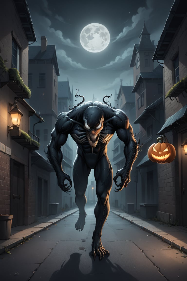 A dark, eerie alleyway at midnight on Halloween night. Tom Hardy's Venom emerges from the shadows, his eyes glowing bright red as he lets out a menacing hiss. A jack-o-lantern's candlelit smile seems to mock him, while cobweb-covered streetlights cast an ominous glow. The air is heavy with mist and decay, setting the tone for a terrifying night.