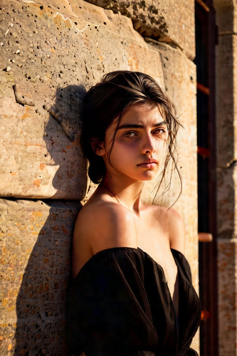 A melancholic young woman with a sorrowful countenance leans her head against a worn stone wall, her slender figure and delicate features accentuated by the warm afternoon light. Her eyes, downcast in despair, are the only hint of sadness on an otherwise radiant face. The rough texture of the wall provides a poignant backdrop to her vulnerability.