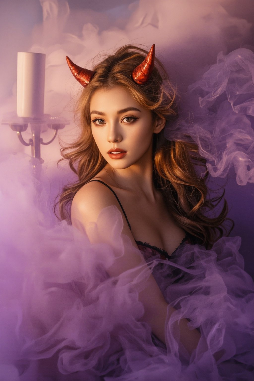 A whimsical Halloween scene: a petite anime girl donning devil-inspired makeup, with fiery red horns and pointed ears, poses playfully amidst a backdrop of swirling purple mist. Soft, golden lighting casts an otherworldly glow on her features as she strikes a mischievous pose, surrounded by wispy tendrils of smoke that seem to carry the scent of candy and mischief.