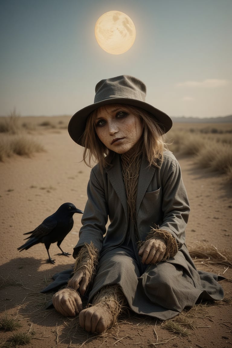 A close-up shot of a worn-out scarecrow, its straw-stuffed limbs and tattered clothes beset by a persistent black crow, beak pecking at the fabric with relentless intensity. The sun casts long shadows on the dry earth as the crow's dark form dominates the frame, while the scarecrow's limp pose conveys a sense of helpless resignation.