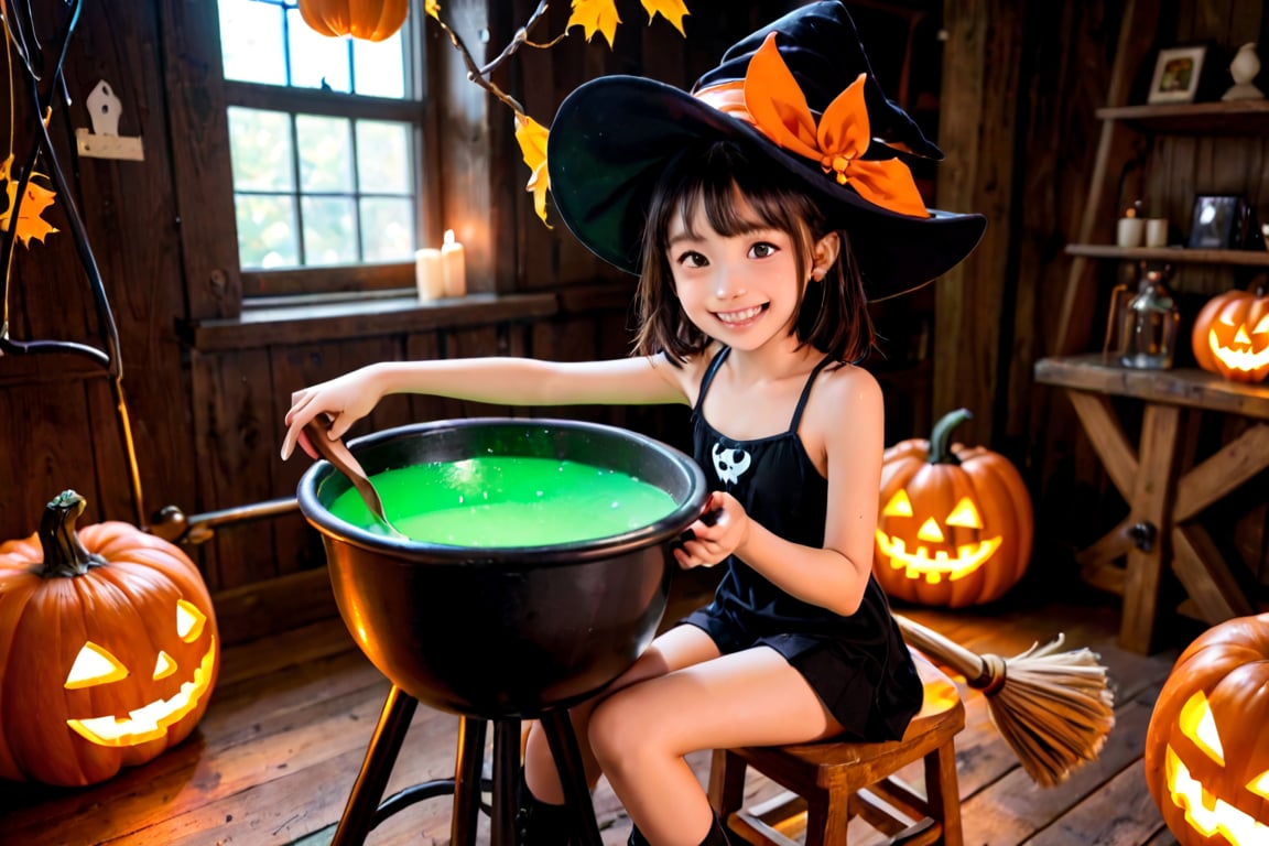 A whimsical Halloween scene: a CUTE WITCH perches on a cauldron-covered wooden stool, surrounded by twinkling candles and autumn leaves. Soft, golden lighting casts a warm glow on her rosy cheeks and pointed hat adorned with a jaunty broom charm. She gazes mischievously at the camera, a sly grin spreading across her pixie face as she holds a tiny, glowing pumpkin in one hand and a wicked-lookin' wooden spoon in the other.