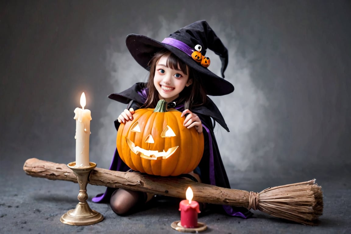 A whimsical Halloween portrait of a CUTE WITCH perched on a worn wooden broomstick, surrounded by wisps of fog and twinkling candles. The witch's bright red hat and matching cape are adorned with tiny bells that jingle softly in the autumn breeze. Her face glows with an otherworldly light as she gazes directly at the viewer, her pointed chin and mischievous grin conveying a sense of playful malevolence. A miniature pumpkin and a sprig of dried lavender rest beside her, adding to the spellbinding atmosphere.