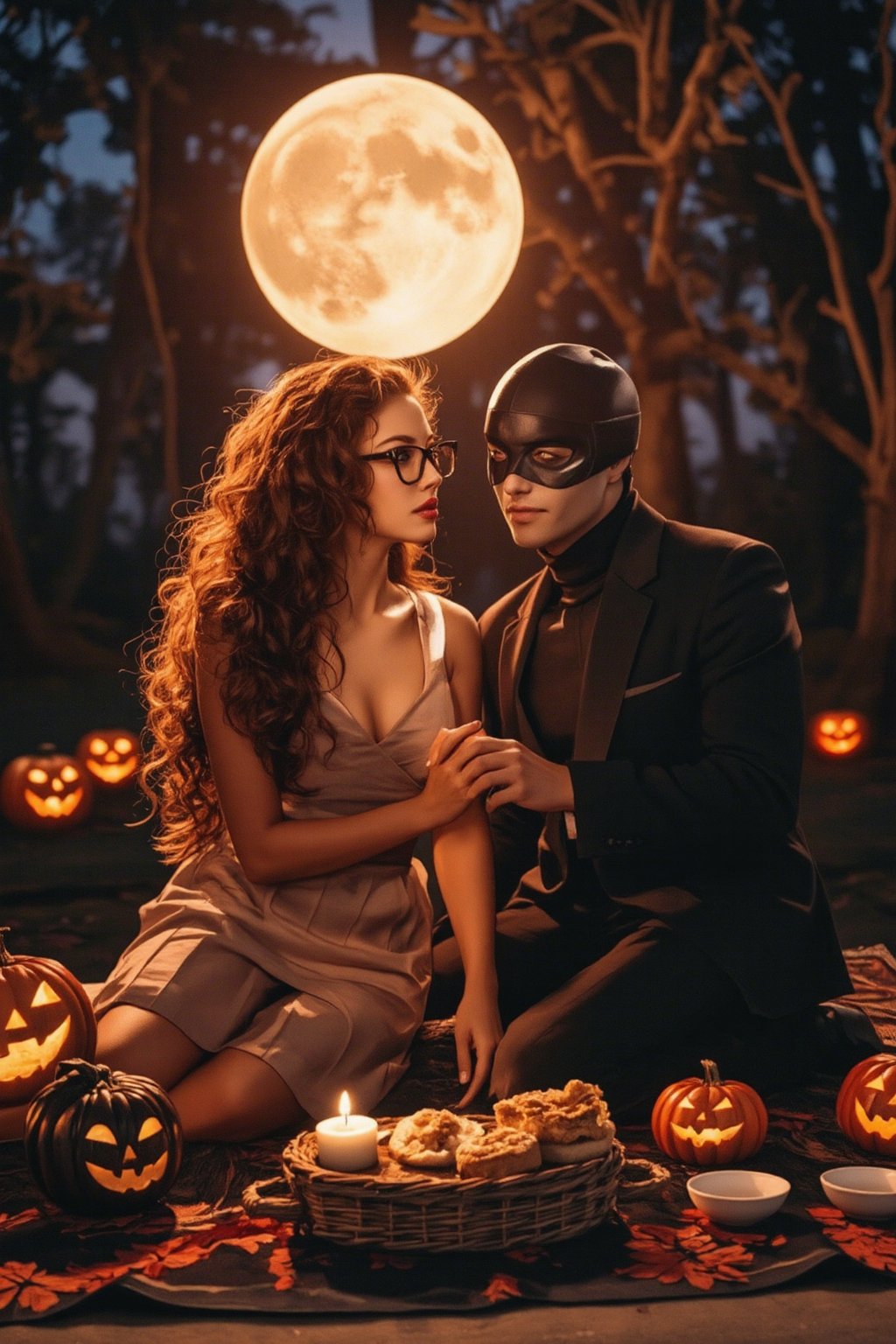 A whimsical Halloween-themed picnic scene: A bespectacled girl in a flowing white dress and curly brown hair sits across from a suave Phantom, his iconic domino mask gleaming under the soft glow of a full moon. The atmosphere is eerie yet intimate, with crimson and orange hues casting an autumnal ambiance. The couple's fingers intertwine as they share a plate of pumpkin-themed treats, surrounded by a lush forest of twisted trees and glowing jack-o'-lanterns.