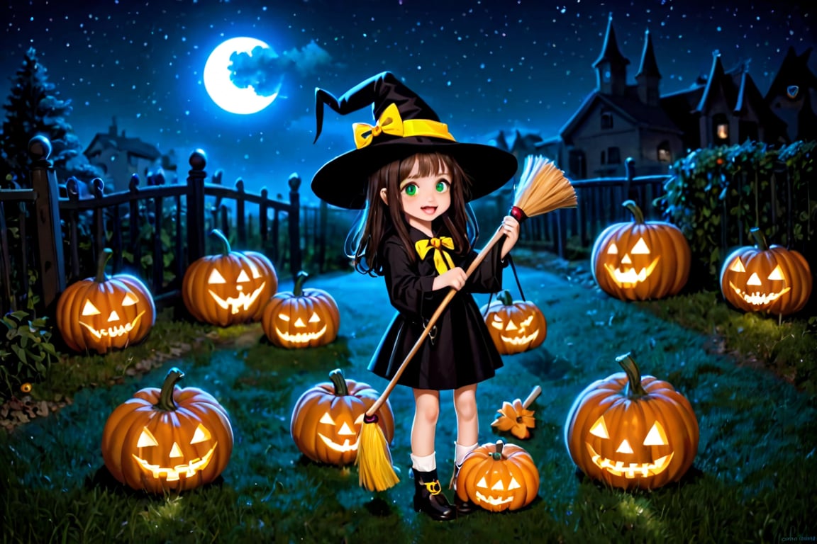 A whimsical depiction of a CUTE WITCH on Halloween night. A petite witch, donning a pointy hat and matching broom, stands amidst a cauldron-filled pumpkin patch under the harvest moon's soft glow. The witch's bright green eyes sparkle as she gazes up at the starry sky, her rosy cheeks flushed with excitement. A sprinkle of candy corn and a few jack-o'-lanterns surround her, adding to the playful atmosphere.