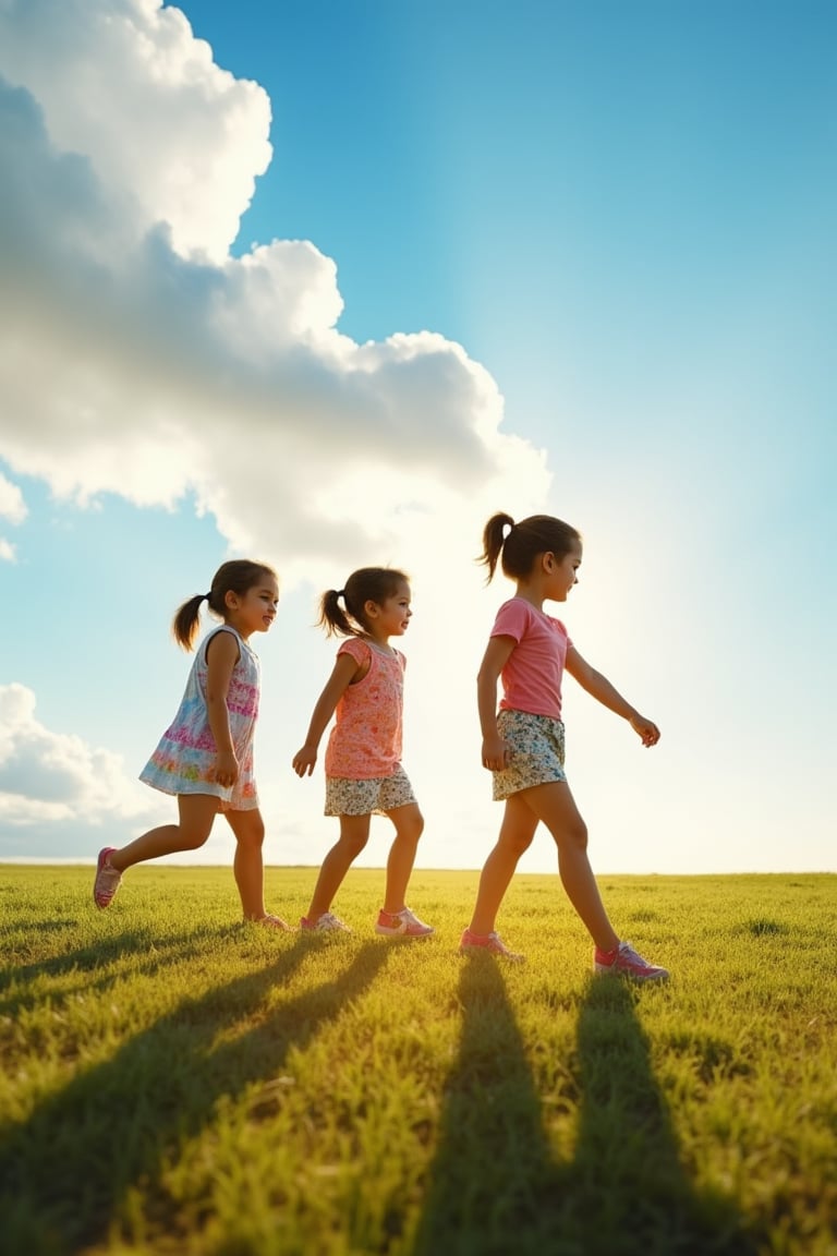 Girls in playful attire,  their giggles and whispers filling the air,  step into a warm glow of sunlight by ST.macha on Te...