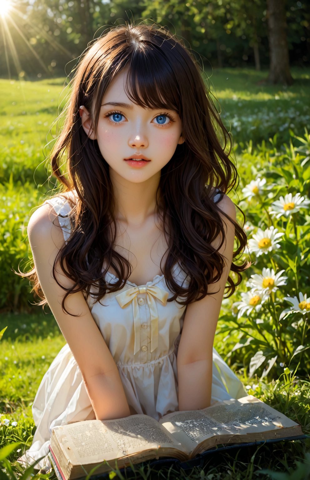 Golden sunlight filters through wispy clouds, casting a warm glow on a serene meadow scene. A young girl, no more than 8 years old, sits comfortably cross-legged on the lush green grass, her bright blue eyes sparkling with curiosity. Her curly brown hair bounces gently in the soft breeze as she tilts her head, her hands cradling a small, colorful book.