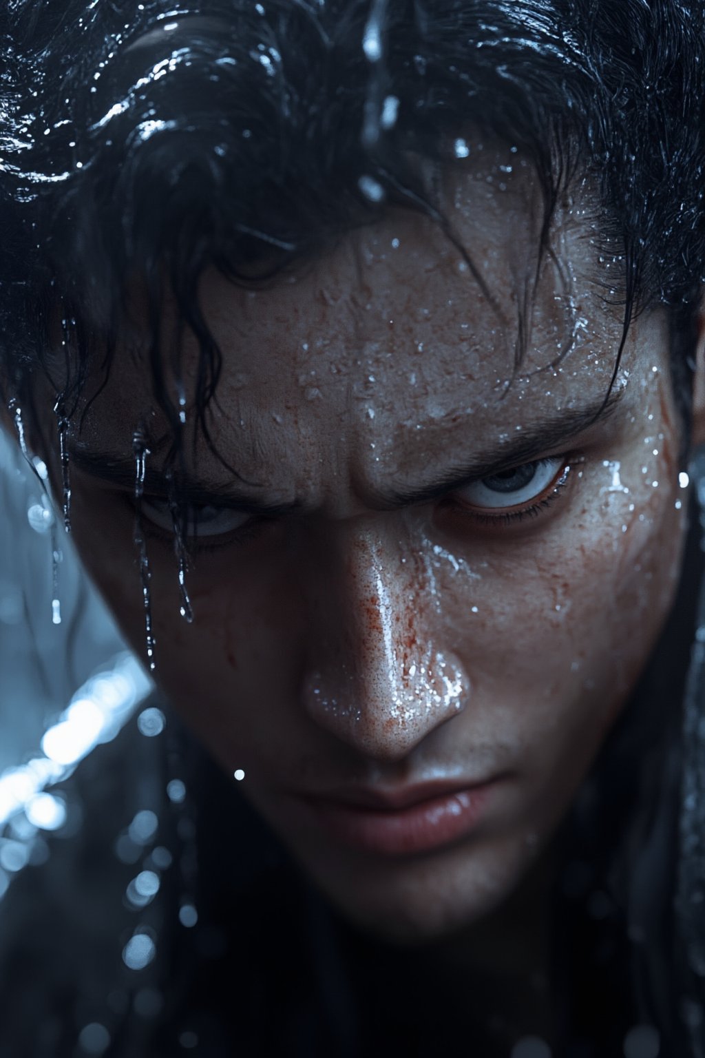 Ultra-realistic nathannas man character, close-up of a nathannas with wet skin and hair dripping in rain, sharp facial expression with intense focus in the eyes, wet textures on the skin reflecting light, raindrops glistening and bouncing off his face, dramatic lighting from behind casting soft shadows, hyper-detailed cinematic rendering, in the style of photorealistic anime, realistic water effects, epic and powerful atmosphere, high-quality 3D model rendering, wet clothing clinging to the body, wcer