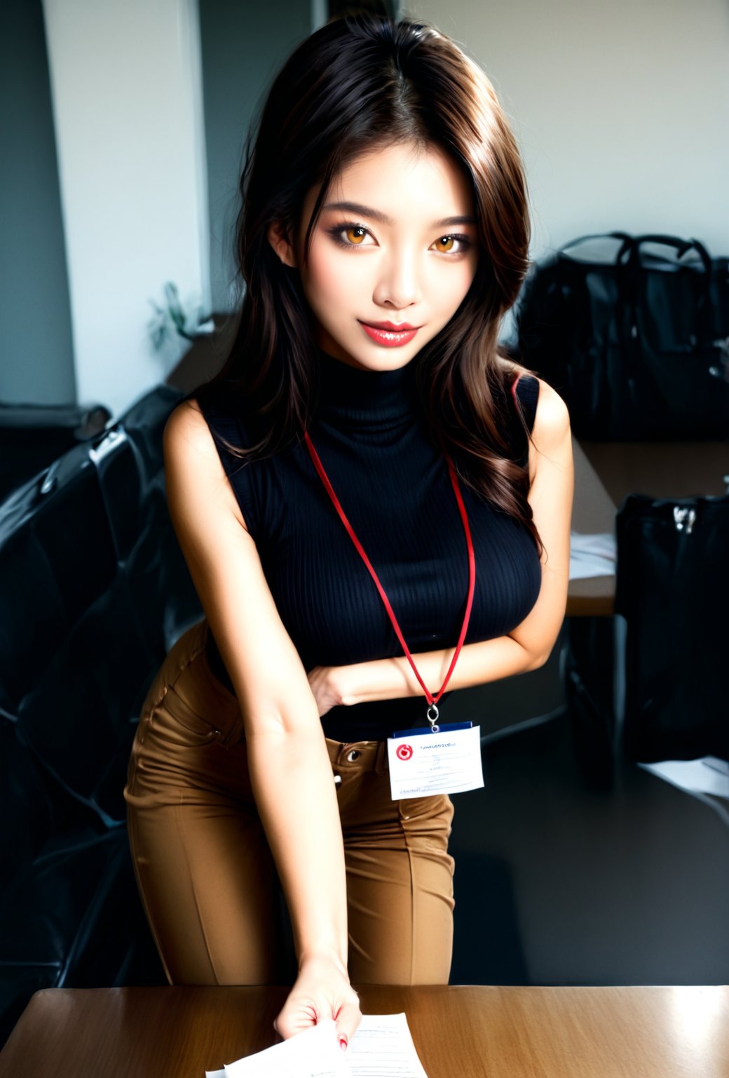 An Photorealistic image of a girl with brown hair and yellow eyes. She is wearing a black turtleneck and tan pants. She has a red lanyard around her neck. She's sitting on a brown table. The table is in front of her with a white paper on it. Behind her is a black table with a black bag on top of it.
Realistic ,Photorealistic , Asian Girl, More Reasonable Details, (masterpiece, best quality:1.3), (absurdres absolutely resolution), (8k), (detailed beautiful face and eyes), (detailed illustration), (super fine illustration) ,__PROMPT__】